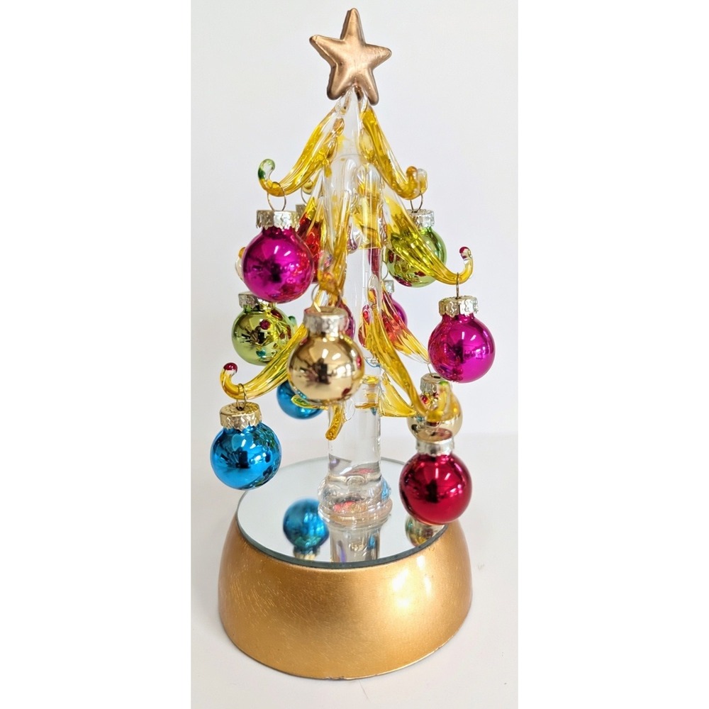 LED Christmas Tree, 7" Tall, Glass, With 12 Ornaments, Battery Cover Broken